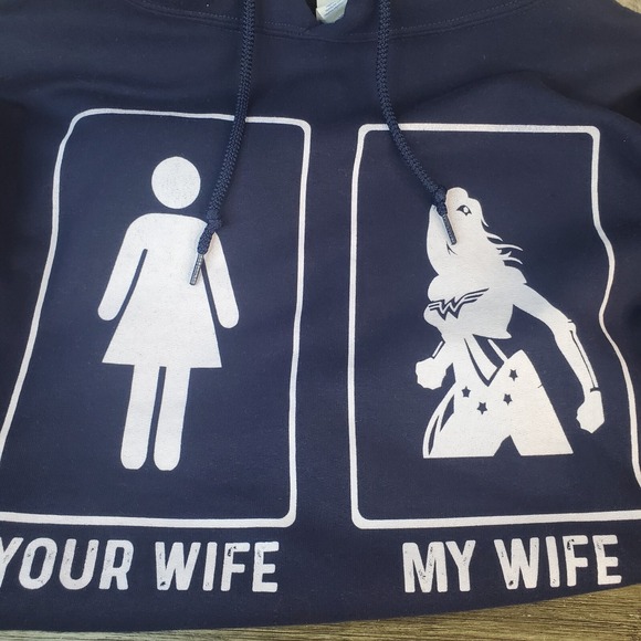 Jerzees Tops - Your Wife My Wife Plain Jane Vs Superhero Adult XL Unisex Navy Blue Hoodie NWOT